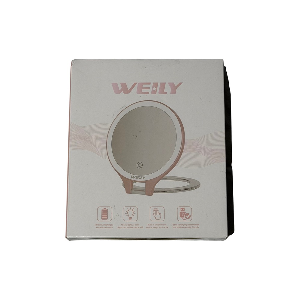 WEILY LED Travel Makeup Mirror Rose Gold Rechargeable 3 Light Modes Portable